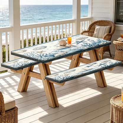 JAWO Picnic Table Cover with Bench Covers and Bag, Tropical Beach Starfish Rv Essentials, Waterproof Windproof Fabric, Fitted Tablecloth Cover with Elastic Edge, 3 PCS, 30x72 Inch