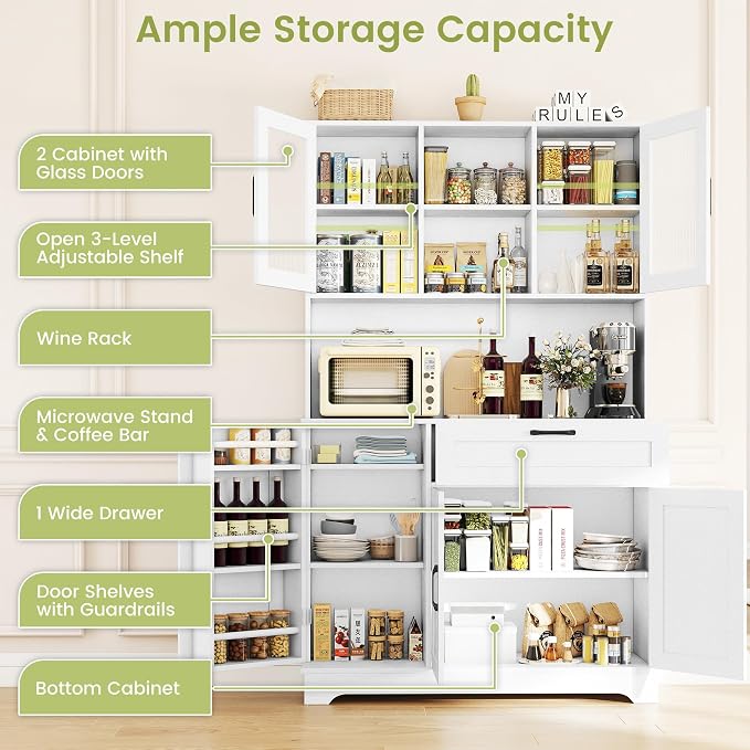 WAYTRIM Kitchen Hutch Cabinet with Storage, White Pantry Cabinet with 4 Doors and Shelves, Pantry Cabinet with Microwave Shelf & Drawers & Adjustable Shelves for Kitchen Dining Room Furniture
