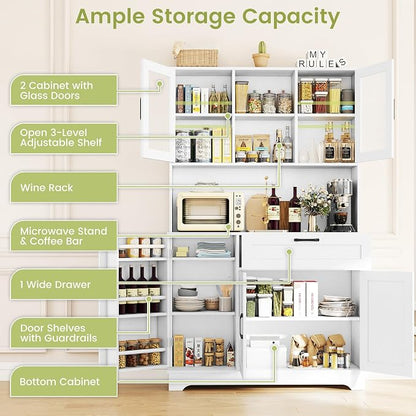 WAYTRIM Kitchen Hutch Cabinet with Storage, White Pantry Cabinet with 4 Doors and Shelves, Pantry Cabinet with Microwave Shelf & Drawers & Adjustable Shelves for Kitchen Dining Room Furniture
