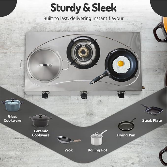 Three Burner Stove Stainless Steel Propane Portable Cooktop Range | Propane Range 3 Burner Cooktop, Indian Style Gas Stove for Outdoor Cooking on 3 Burner Gas Stove Camp Stove