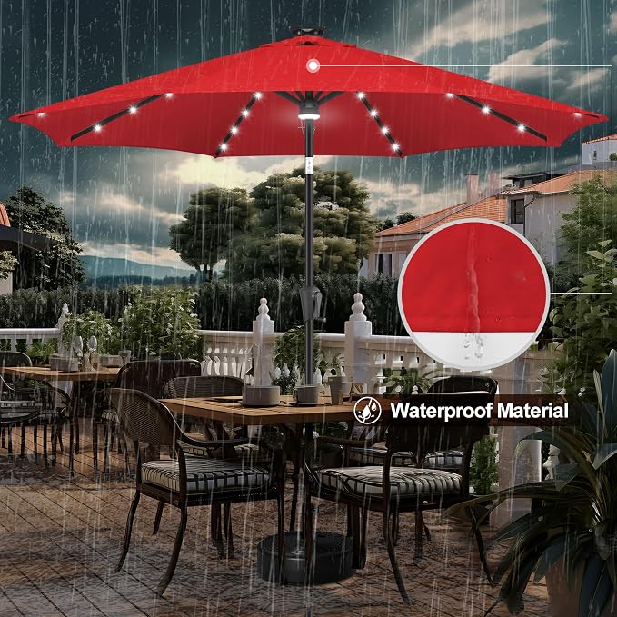 FLAME&SHADE Solar Patio Umbrella with Centre Light, 10 FT Red | UV Protection, Small Solar Outdoor Umbrella for Porch, Deck, Backyard, Garden, Provides Evening Lighting, 40 LED Lights