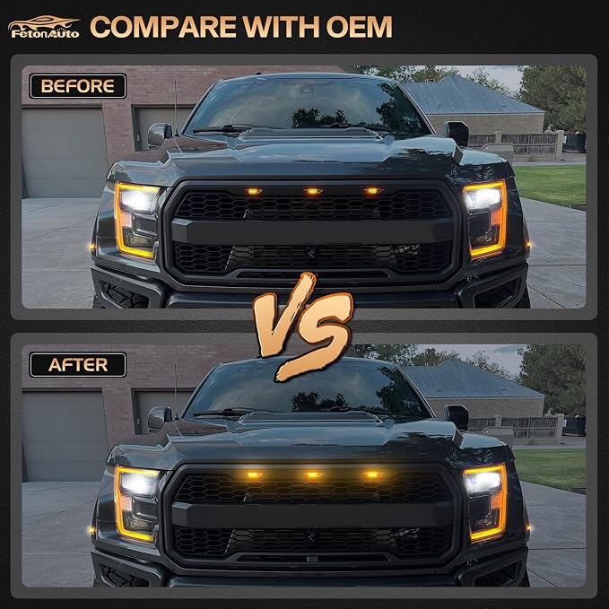3PCS Amber LED Front Grille Lights for 2004-2019 Ford F150 Raptor Style Aftermarket Grill, with Harness and Fuse Accessories