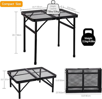 Portable Small Folding Table, Metal Camping Grill Table for BBQ, Picnic & Patio, Lightweight Foldable Outdoor Side Table, 23” x 15”