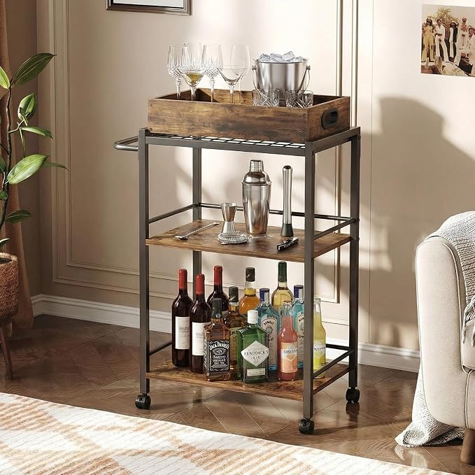 3-Tier Rolling Bar Cart with Removable Tray for Home Kitchen | Rolling Wheels with Handle, 3-Tier Storage, Removable Serving Tray, Sturdy Frame, Multi-Purpose for Kitchen & Bar Use