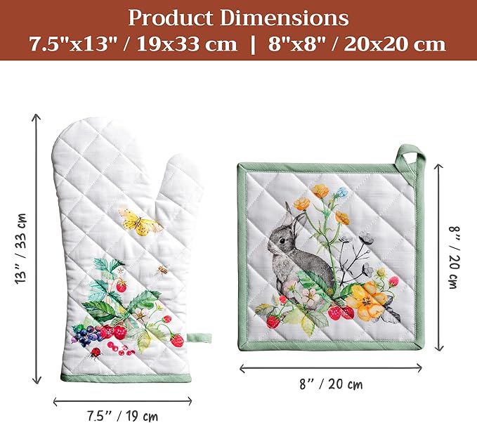Maison d' Hermine 100% Cotton Oven Mitt & Pot Holder Set (7.5"x13" & 8"x8") Heat Resistant BBQ Cooking Gloves with Loop Baking Grilling Kitchen Hotel Home Farmhouse Spring Summer (Printemps)