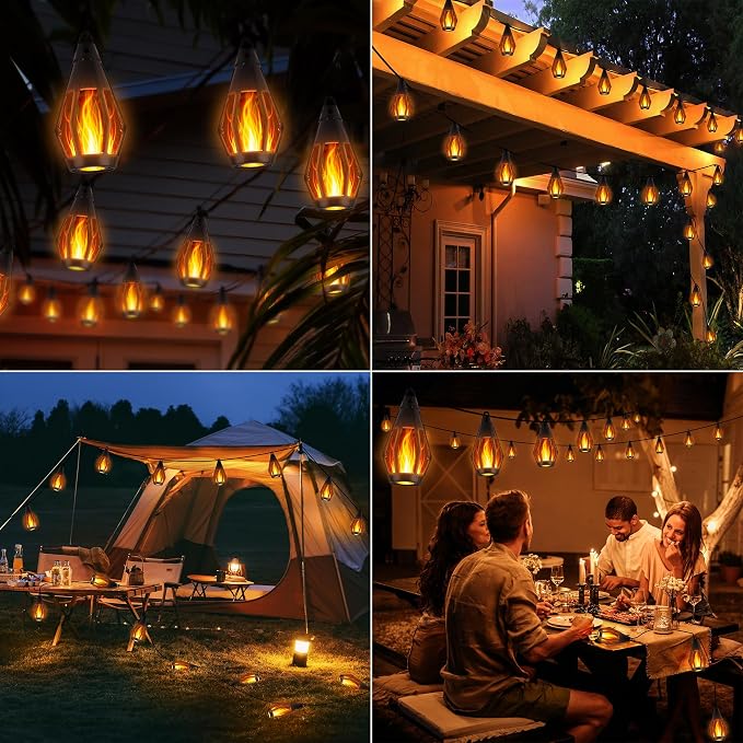 iBaycon Solar Flame String Lights, 42FT 15 LED Bulbs Waterproof, Warm White | Ultra-Real Flickering Flame Lamp Outdoor Waterproof, Solar Patio String Lights for Garden Yard Lawn Decorations