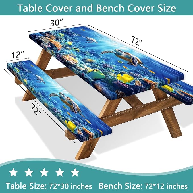 Picnic Table Cover with Bench Covers, Camping Essentials, Ocean Underwater World Table Cover, Fitted Camping Tablecloth Windproof Waterproof with Elastic Edge for Indoor Outdoor Patio 3PCS 30x72 Inch
