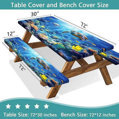 Picnic Table Cover with Bench Covers, Camping Essentials, Ocean Underwater World Table Cover, Fitted Camping Tablecloth Windproof Waterproof with Elastic Edge for Indoor Outdoor Patio 3PCS 30x72 Inch