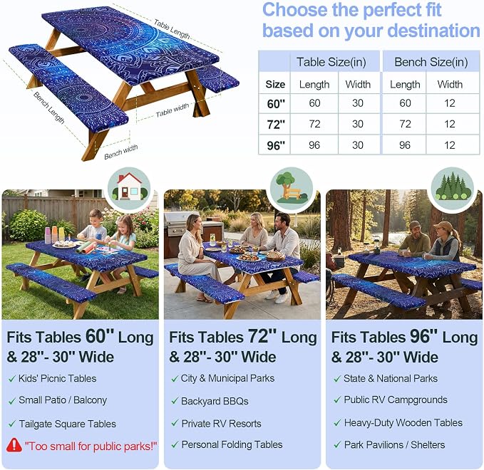 Picnic Table Cover Bench Covers Camping Essentials Tablecloth | Waterproof Vinyl for Outdoor, Windproof Elastic Fitted Edges, RV BBQ Accessories Must Haves, Storage Bag Included