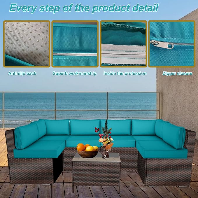14 Piece Outdoor Patio Cushion Cover Replacement, Waterproof Patio Cushion Covers, Outdoor Furniture Cushion Covers Set for 6 Seat Wicker Rattan Sofa (Turquoise)
