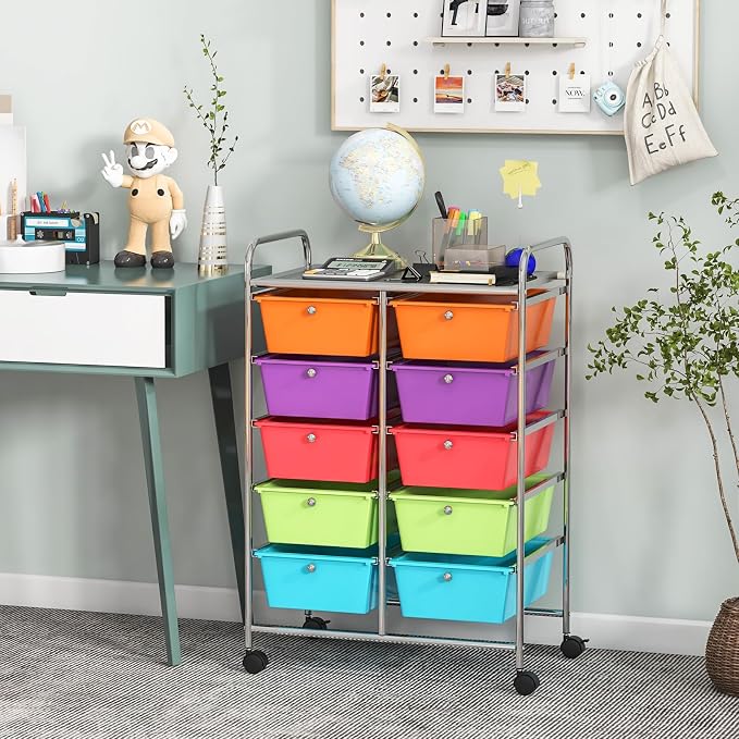 HOMGX Rolling Cart with 10 Drawers, 10 Tiers Multicolor Trolley, Drawer Bin Carts with 2 Lockable Wheels, Adjustable File & Debris Organizer Cart, Rolling Storage Cart for Office, School, Home