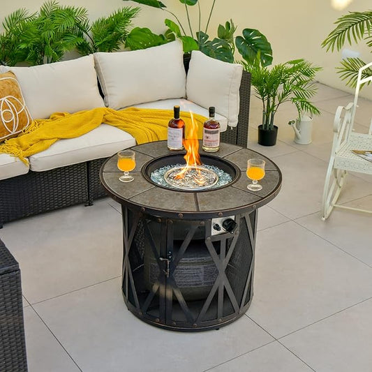 Tangkula 32 Inch Patio Round Fire Pit Table, Patiojoy 30,000 BTU Propane Gas Fire Table with Fire Glasses & PVC Cover, Ceramic Tile Tabletop, Outdoor Fire Table for Backyard, Poolside