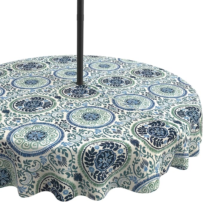 LVTXIII Round Outdoor Tablecloth with Umbrella Hole and Zipper, Water-Repellent 60 Inch Patio Table Cover for Bistro, Garden, Patio & Picnic, Coastal Medallion