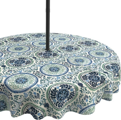 LVTXIII Round Outdoor Tablecloth with Umbrella Hole and Zipper, Water-Repellent 60 Inch Patio Table Cover for Bistro, Garden, Patio & Picnic, Coastal Medallion