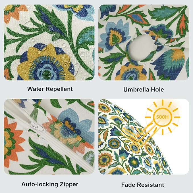 LVTXIII Round Outdoor Tablecloth with Umbrella Hole and Zipper, Water-Repellent 60 Inch Patio Table Cover for Bistro, Garden, Patio & Picnic, Fiesta Floral