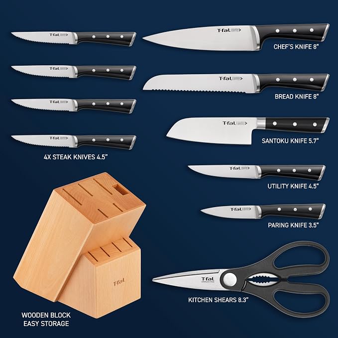T-fal Ice Force 11-Piece German Stainless Steel Kitchen Knife Block Set | X50CrMoV15 steel, 26-degree cutting edge, Ice hardening to -250F, Ergonomic handle with finger guard, Includes steak knives