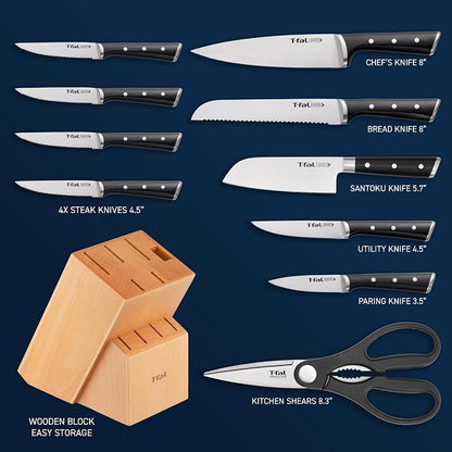T-fal Ice Force 11-Piece German Stainless Steel Kitchen Knife Block Set | X50CrMoV15 steel, 26-degree cutting edge, Ice hardening to -250F, Ergonomic handle with finger guard, Includes steak knives