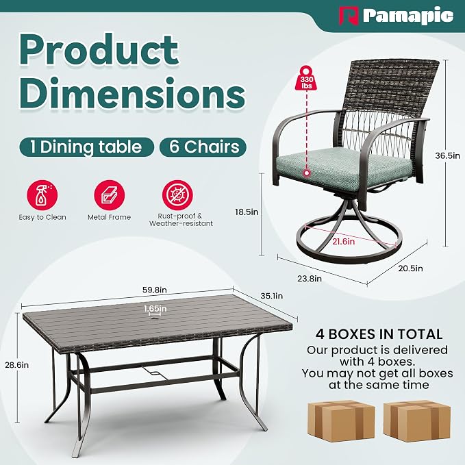 Pamapic 7-Piece Outdoor Dining Set with Swivel Rocker Chairs, Wicker Patio Furniture for 6, Poolside Garden Deck with Iron Table & Removable Cushions (Green)