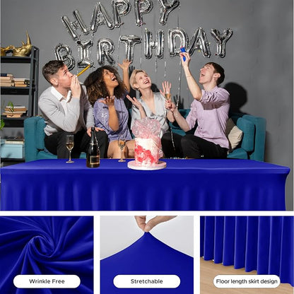 2 Pcs Royal Blue Spandex Table Covers 6ft Rectangle Ruffle Skirts for Party | Elastic Table Covers 6 Foot, Pleated Fitted Table Cloths, Wrinkle Resistant Elegant Table Skirts Wedding, Banquets