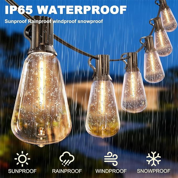 Outdoor String Lights 50FT with 32 Bulbs 1.5FT Spacing, 120W Dimmer, Remote | 120W Dimmer, Remote, Dimmable, Cable Ties, 1.5FT Spacing, End-to-End Connectable, Waterproof for Patio Outside Backyard