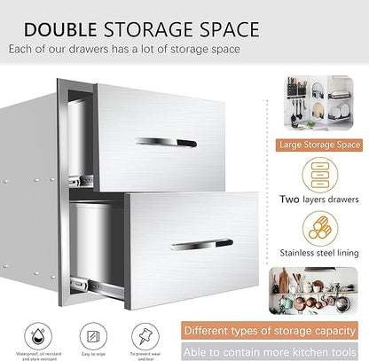 18''W x 15''H x 23''D Outdoor Kitchen Stainless Steel Flush Mount BBQ Double Access Drawers with Handles for Outdoor Kitchens or Patio Grill Station
