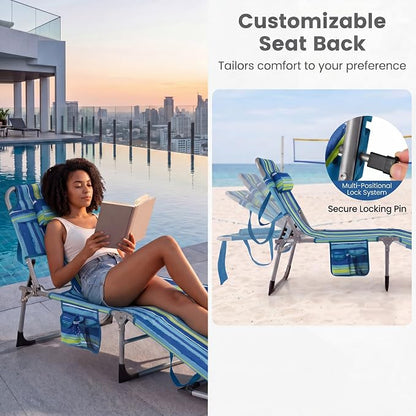 Goplus Tanning Chair, Folding Beach Lounge Chair with Face &Arm Hole, 4-Position Adjustable,Removable Pillow,Side Pocket, Sunbathing Chair, Portable Outdoor Lounge Chair for Patio Pool Lawn