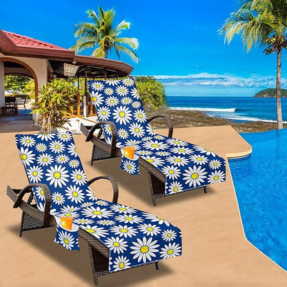 Lounge Chair Towel Cover, Beach Chair Cover (Pack of 2), Pool Lounge Chair Covers for Outdoor,Garden, Beach,Sun Lounger,Hotel Pool,Large Size and No Sliding, 85" X 30", Royal Blue Daisy