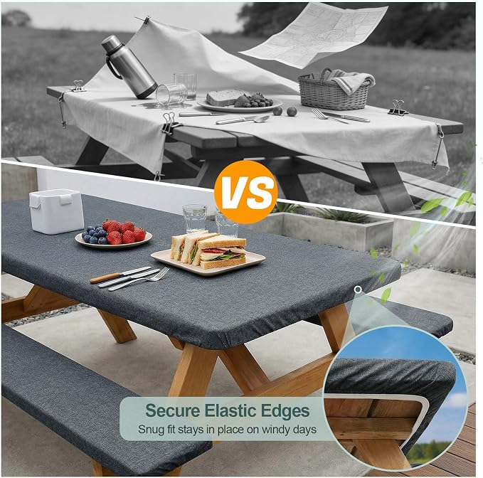 Picnic Table Cover with Bench Covers Camping Essentials Waterproof Windproof Camping Tablecloth with Drawstring Bag, Fitted Rectangle Tables and Seats, 72in, Heather Grey