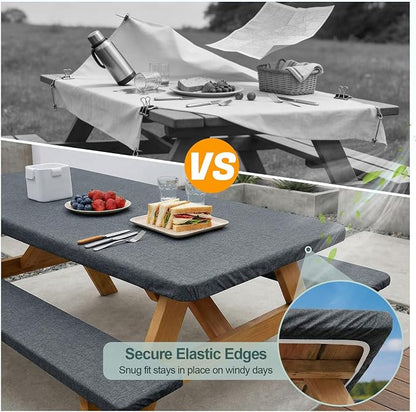 Picnic Table Cover with Bench Covers Camping Essentials Waterproof Windproof Camping Tablecloth with Drawstring Bag, Fitted Rectangle Tables and Seats, 72in, Heather Grey