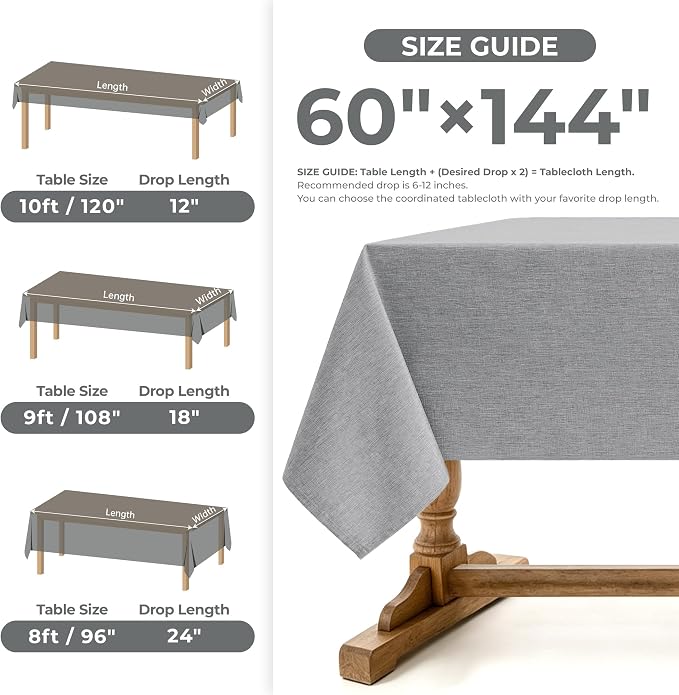 Decorelia Faux Linen Tablecloth for Dining Room, 60 x 144 Inch (12-14 Seats), Cool Grey