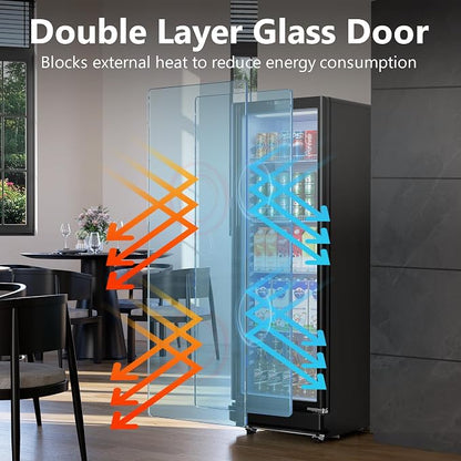 8.5 Cu.Ft Commercial Display Fridge with Glass Door | Double-Tempered Glass, Locking Key & LED, Outdoor/Indoor Versatile, Bar/Office/Restaurant, Spacious Storage, Energy Saving