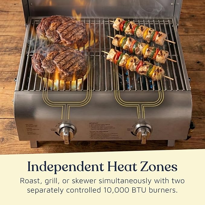 Stainless Steel Gas Grill, Dual 10,000 BTU Burners, 275 Sq.In Cooking Space, Push-to-Start Ignition, Wind-Proof Lid with Built-in Thermometer, Perfect for Camping Tailgates & Backyard BBQ Cookouts