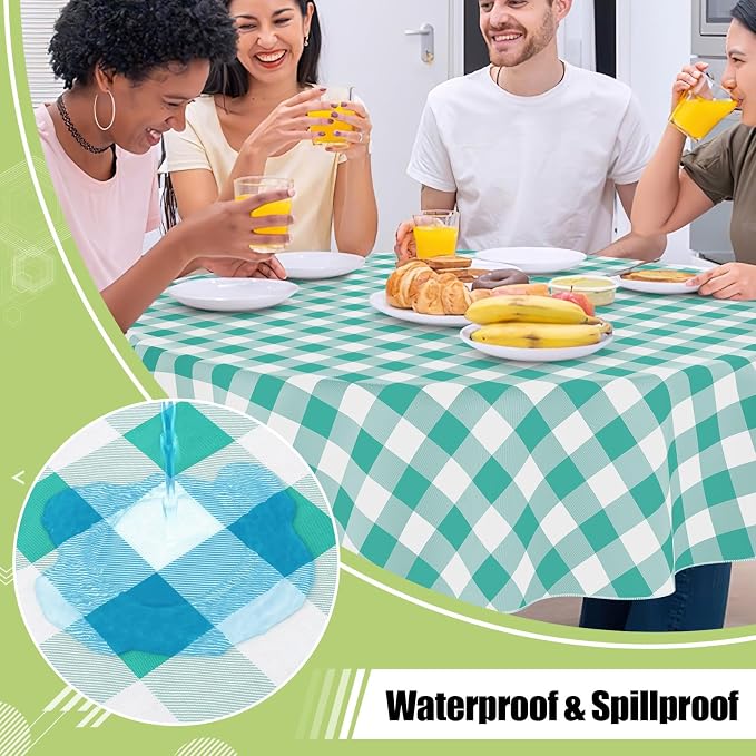 Smiry Picnic Table Cloth, Vinyl Tablecloths with Flannel Backing, 60" Round | Waterproof Picnic Table Cloth, Wipeable Buffalo Plaid Table Cover for Indoor and Outdoor (Teal & White)