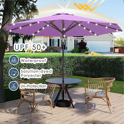 9FT Patio Umbrella with Solar Lights,Outdoor Market Umbrella with Tilt and Crank, LED Lighted Table Umbrella for Garden,Deck,Backyard,Pool,Beach (Taro Purple)