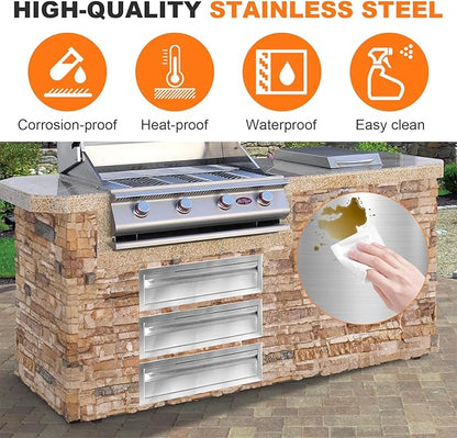 PioneerWorks 24" W x 6.5" H x 23" D Outdoor Kitchen Drawers, 3-Layer Outdoor Kitchen Access Drawer, Stainless Steel Built-in BBQ Drawer for Outdoor Kitchen Island, Patio Grill Station