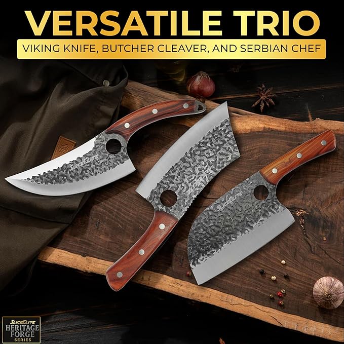 SliceElite Heritage Forge 3 Piece Butcher Knife Set Serbian Chef Meat Cleaver Viking Knife High Carbon Stainless Steel Full Tang Sandalwood Handle BBQ Grilling Camping Cooking Gift Set For Men & Women