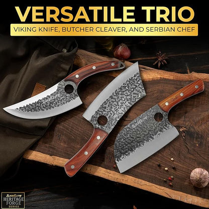 SliceElite Heritage Forge 3 Piece Butcher Knife Set Serbian Chef Meat Cleaver Viking Knife High Carbon Stainless Steel Full Tang Sandalwood Handle BBQ Grilling Camping Cooking Gift Set For Men & Women