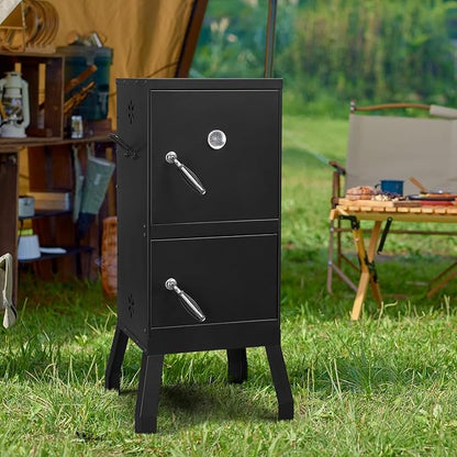 40" Portable Charcoal Grill,Metal Outdoor Barbecue Smoker,Heavy Duty Outdoor BBQ Grill,Portable Vertical Camping Barbecue Grill,with Doors & Thermometer,for Garden Patio Beach Backyard (Black)