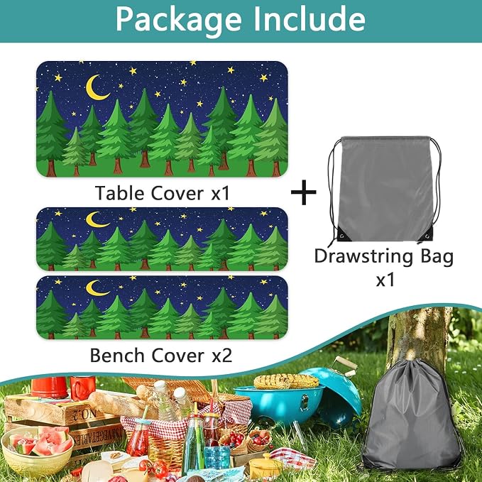 JAWO Camping Picnic Table Cover Set with Bench Covers Green Pine Tree Forest Tablecloth Fitted Picnic Table Cover with Elastic Windproof and Waterproof Fabric, Camping Accessories Patio & Outdoor