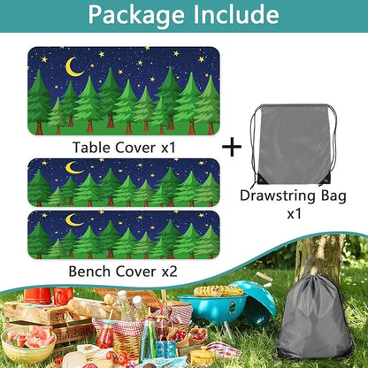 JAWO Camping Picnic Table Cover Set with Bench Covers Green Pine Tree Forest Tablecloth 6FT Fitted Picnic Table Cover with Elastic Windproof and Waterproof Fabric, Camping Accessories Patio & Outdoor