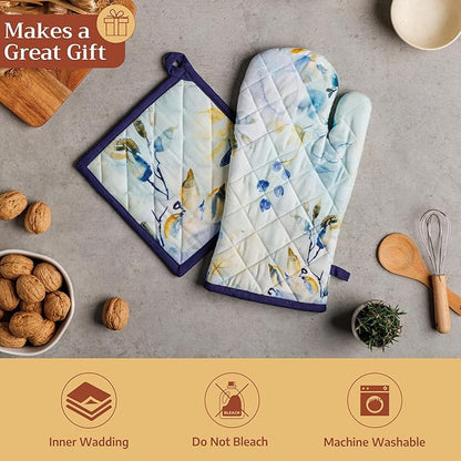 Maison d'Hermine Oven Gloves 100% Cotton Oven Mitt 7" x 13" with Loop Heat Resistant BBQ Cooking Gloves Baking Grilling Kitchen Hotel Home Farmhouse Spring Summer (Pack of 1, Lazy Summer Days)