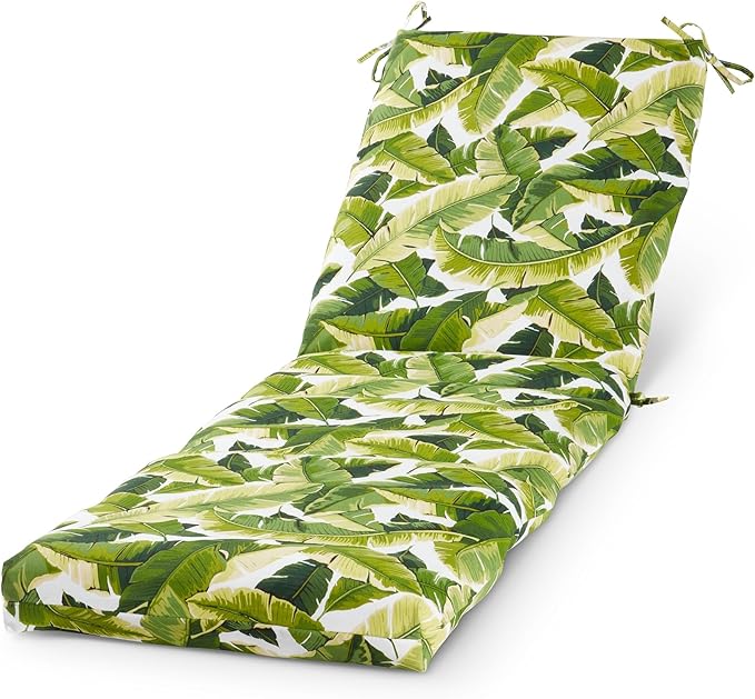 Modern Outdoor Chaise Lounge Cushion with Ties – Durable Polyester Fabric, Channel-Filled Polyfiber Insert, Removable Zippered Cover, Palm Leaves White