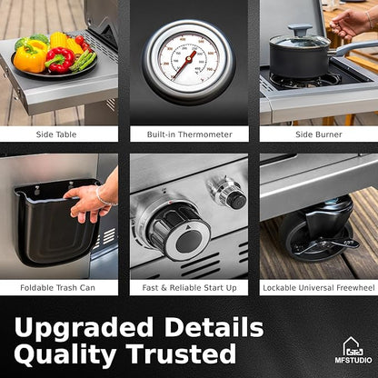MFSTUDIO 6 Burner BBQ Propane Gas Grill with Side Burner & Porcelain-Enameled Cast Iron Grates, Grill Griddle Combo for Outdoor Barbecue, 740 SQ.IN. Large Cooking Area