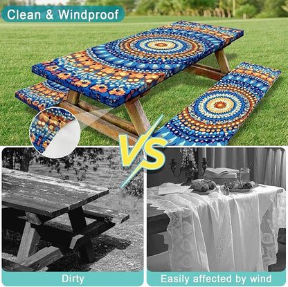 Picnic Table Cover with Bench Covers and Bag, Camping Essentials, Waterproof Windproof Camping Tablecloth, Fitted Tablecloth Cover with Elastic Edge for Indoor Outdoor 3 PCS 30x72 Inch