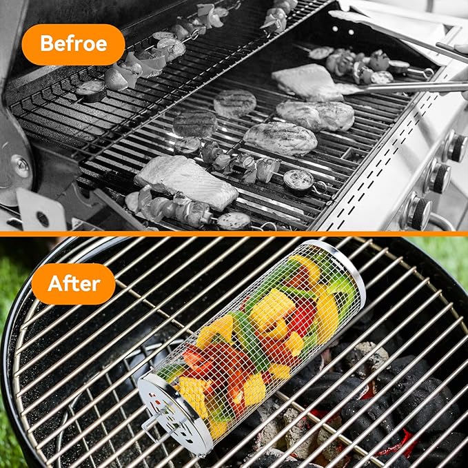 Rolling Grill Baskets 2PCS, 304 Stainless Steel Grill Basket with Removable Wooden Handle, Portable BBQ Grilling Basket for Fish Vegetables Shrimp, Outdoor Barbecue Accessories - Ideal Gifts for Men Dad Husband