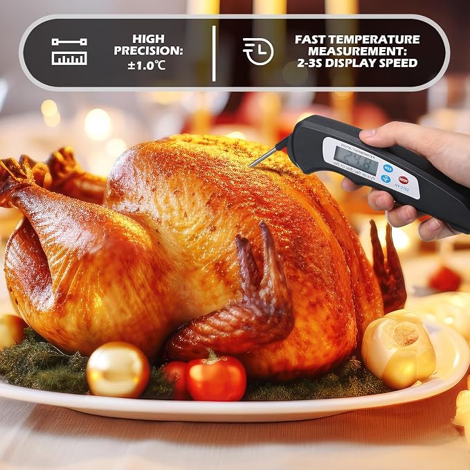 Xuhal 12 Pcs Digital Meat Thermometer with Probe Waterproof Instant Read Foldable Food Thermometer with Magnet for Kitchen Grilling Cooking Turkey Baking BBQ (Black)