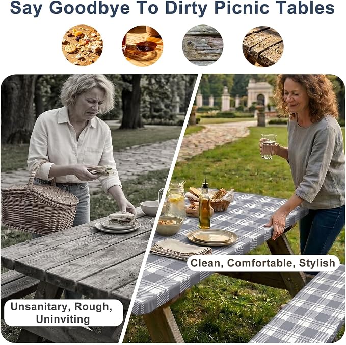 Picnic Table Cover with Bench Covers Windproof Waterproof Picnic Table Covers Camping Tablecloth with Self-Storage Bag, 72in, Light Grey