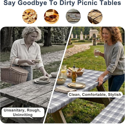 Picnic Table Cover with Bench Covers Windproof Waterproof Picnic Table Covers Camping Tablecloth with Self-Storage Bag, 72in, Light Grey