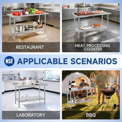 ROCKPOINT SS304 Top All Stainless Steel Table for Prep & Work with Backsplash 24x48 Inches, NSF Commercial Kitchen Heavy Duty Table with Adjustable Undershelf for Restaurant,Kitchen, Home and Hotel