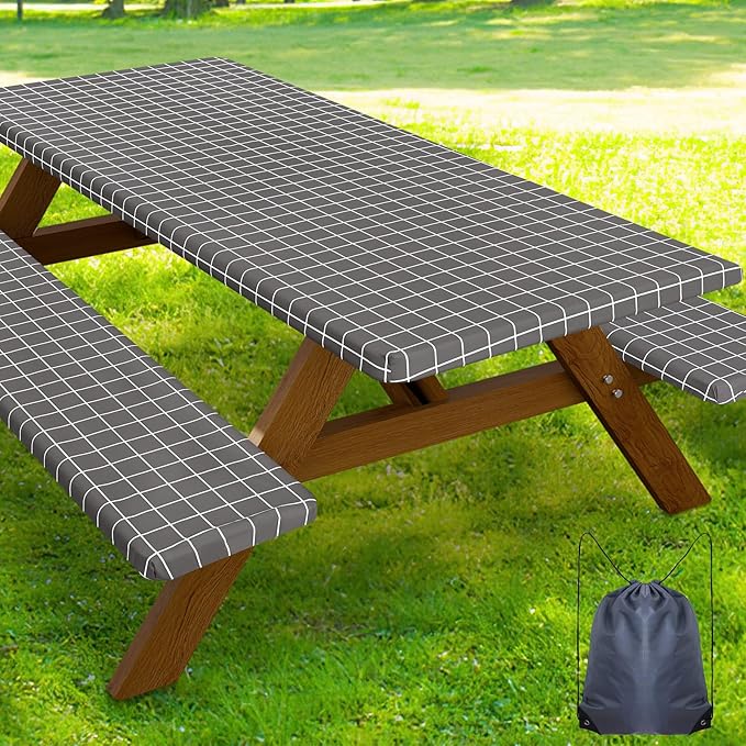 Smiry Picnic Table Cover with Bench Covers, Waterproof Elastic Fitted Tablecloth for 5 Foot Tables, Washable Polyester Tablecloths for Camping, Indoor & Outdoor (Grey & White, 30x60 Inch 3-pc Set)